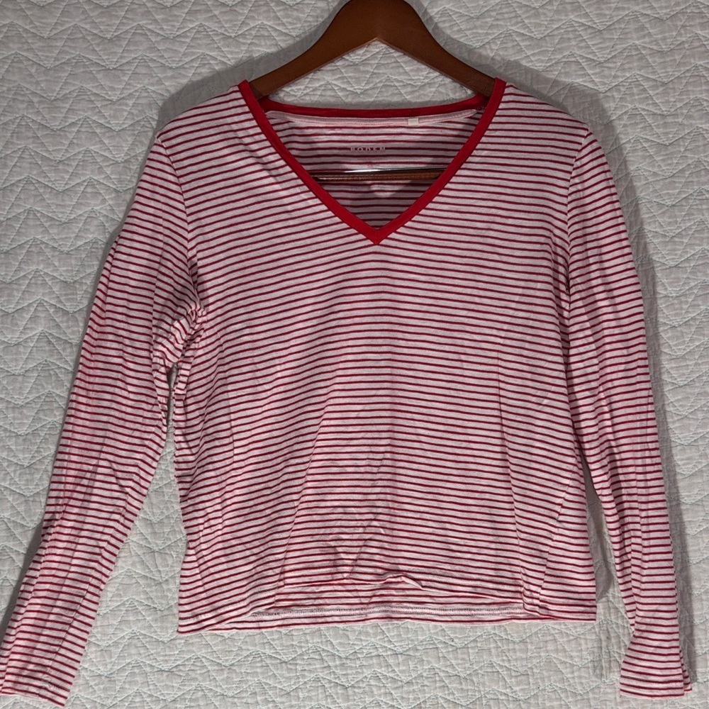 Boden Pink & White Striped V-Neck Long Sleeve Tee